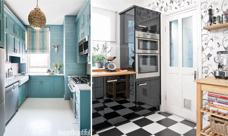 a combination of color wallpaper and kitchen set