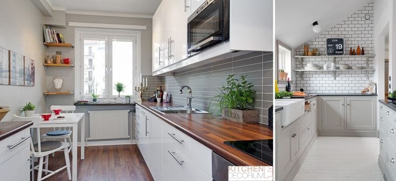 Design narrow kitchen-parquet, laminate, linoleum