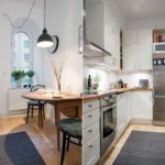 Interior elongated kitchen with L-shaped set