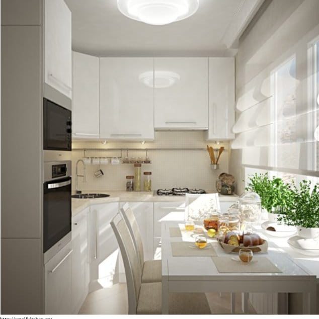 Baltos mažos virtuvės šiuolaikinio stiliaus projektas