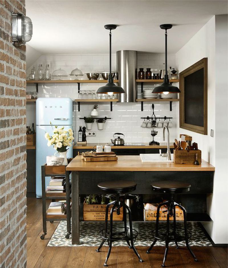 The interior of a small loft-style kitchen