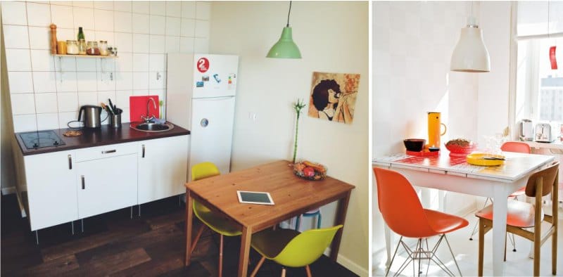 Kolorowe krzesła we wnętrzu kuchni w stylu skandynawskim