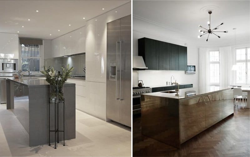 Kitchen design with an island in the style of minimalism and high-tech