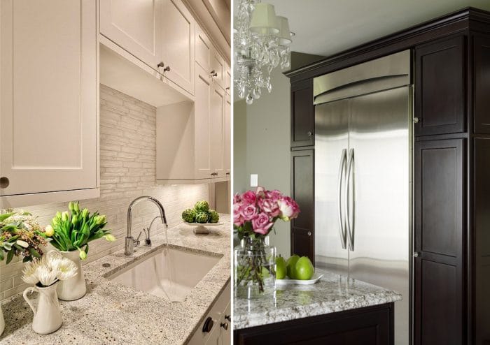Klasikinės virtuvės interjere pilkos spalvos granitas