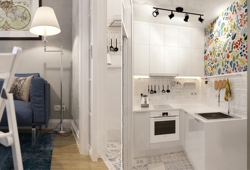 Virtuvės dizainas studijos tipo apartamentuose su pertvaromis ir stumdomomis durimis