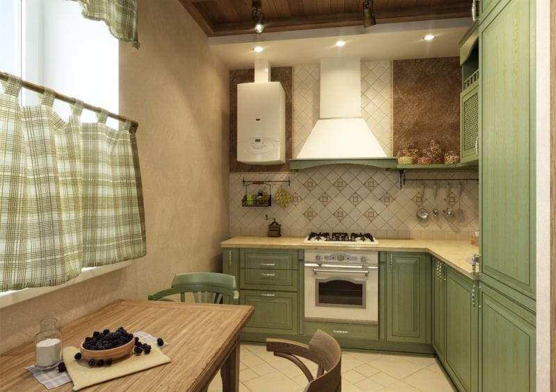 ห้องครัวสีเบจและผนังสีเขียว