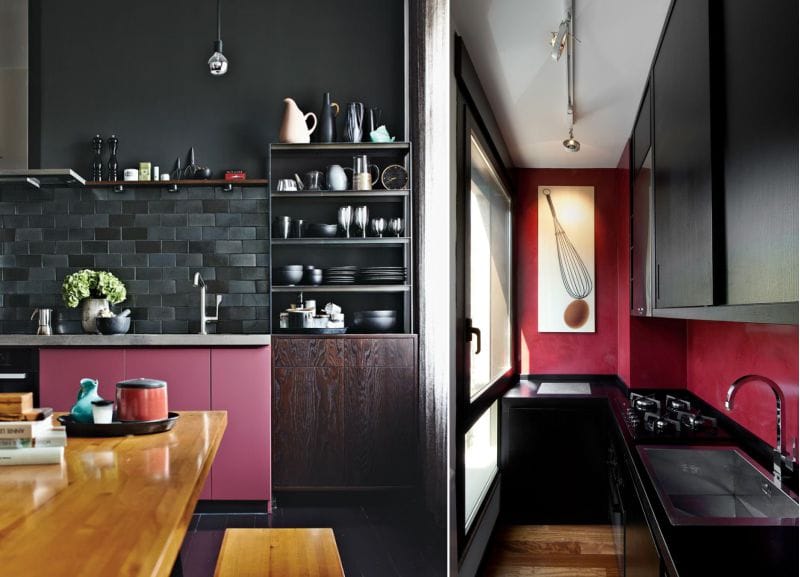 สีดำและสีชมพูในการตกแต่งภายในของห้องครัว