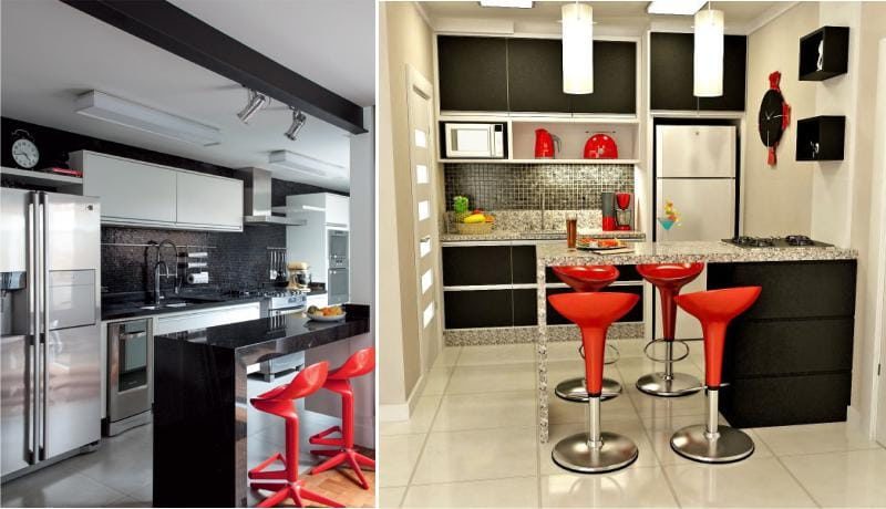 สีแดงและสีดำในการตกแต่งภายในของห้องครัว