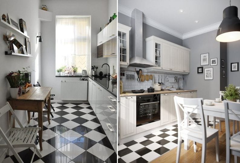 ห้องครัวพร้อมพื้นสีดำและสีขาว