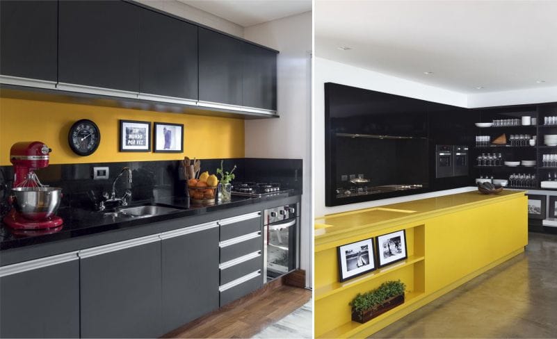 การรวมกันของสีเหลืองและสีดำในการตกแต่งภายในของห้องครัว
