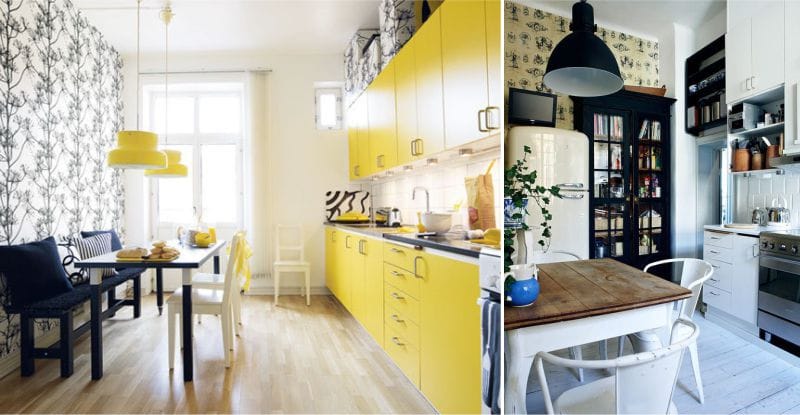 การรวมกันของสีเหลืองและสีดำในการตกแต่งภายในของห้องครัว