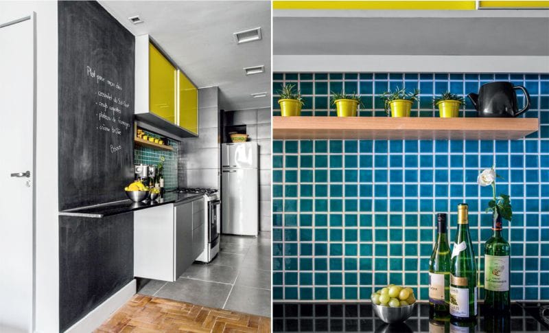 สีเทาเข้มและสีเหลืองในการตกแต่งภายในของห้องครัว