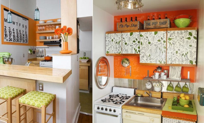 ห้องครัวสีเขียวพร้อมเน้นสีส้ม