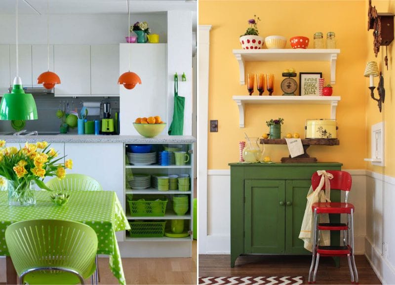 Žalia virtuvė su oranžiniais akcentais
