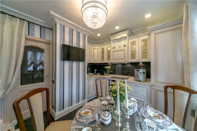 Blue and beige color in the interior of the kitchen