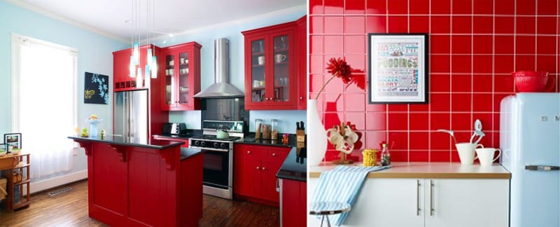 Virtuvė su raudonomis ir mėlynomis spalvomis