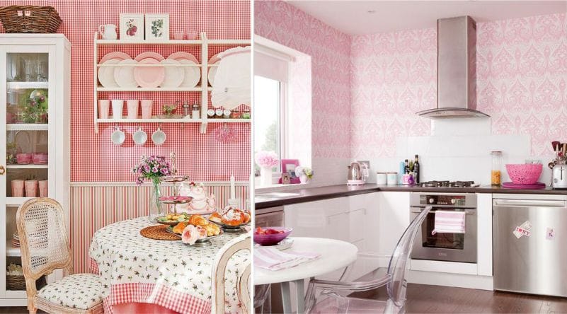Pink wallpaper in the interior of the kitchen