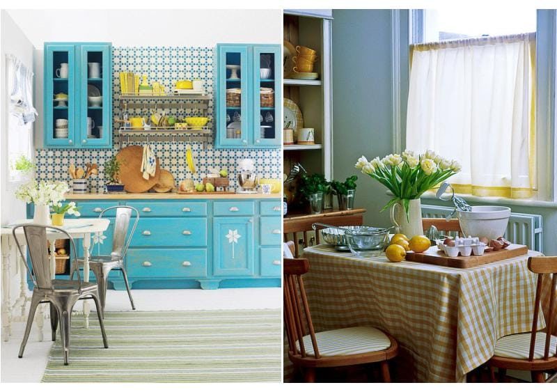 สีเหลืองและสีน้ำเงินในการตกแต่งภายในของห้องครัว