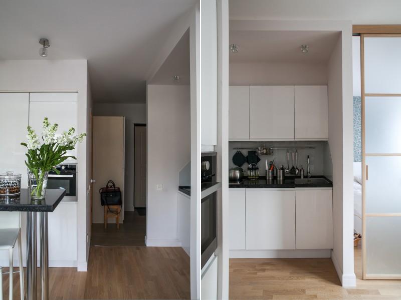 Design a small kitchen in a studio apartment