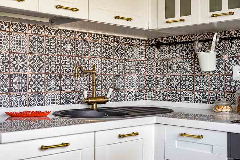 Photowall-paper in an interior of small classical kitchen
