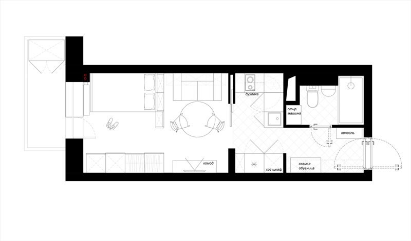 Kế hoạch căn hộ studio với nhà bếp đi bộ
