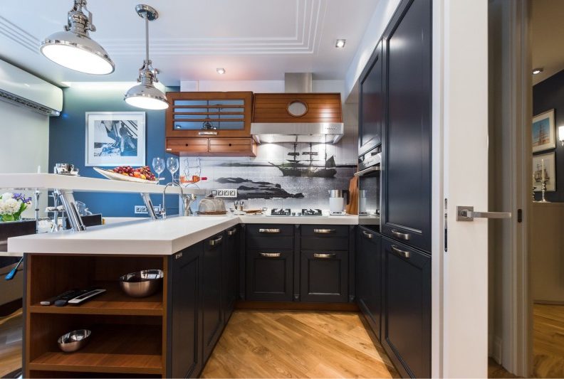 Dark blue kitchen in sea style