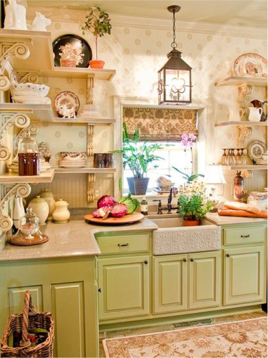 Green kitchen at beige wallpaper